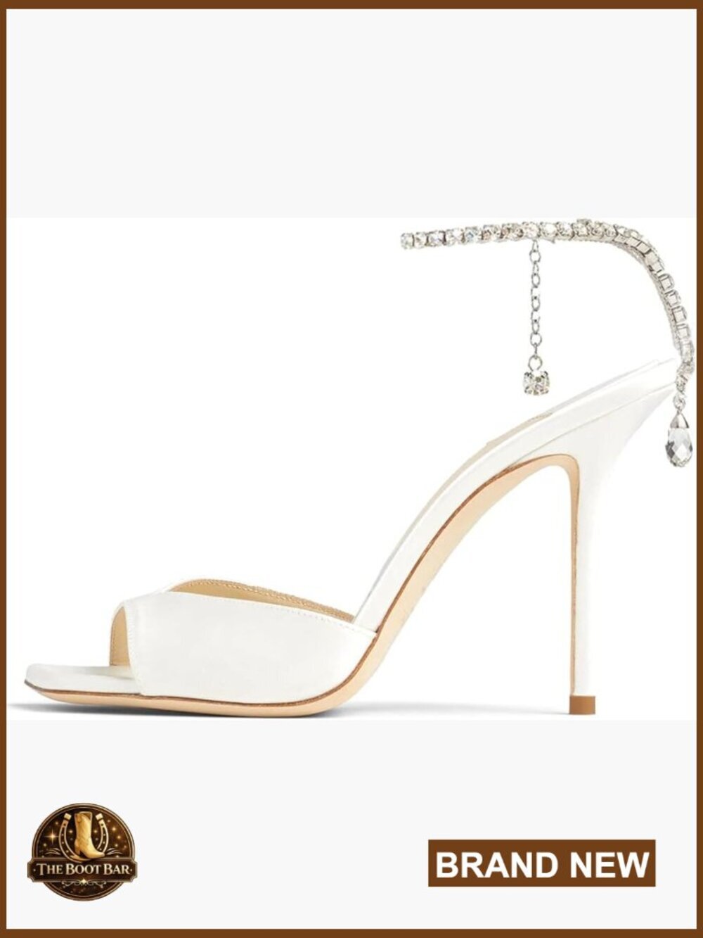 Stiletto Heeled Sandals Crystal Chain Ankle Strap Square Open Toe Rhinestone